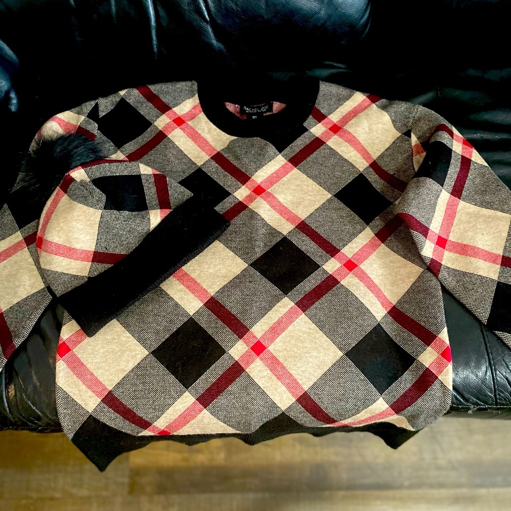 sweater brand new, never worn - with matching hat- black fluffy pompon on top.